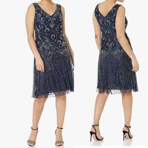 J Kara Women's Petite Sleeveless Floral Beaded Short Dress Navy 10P